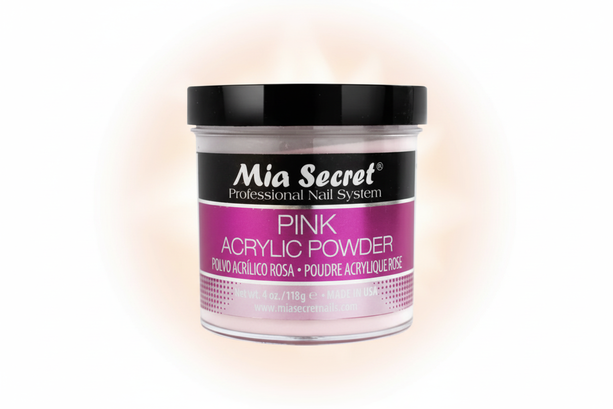 Jar of Mia Secret pink acrylic powder on a white background