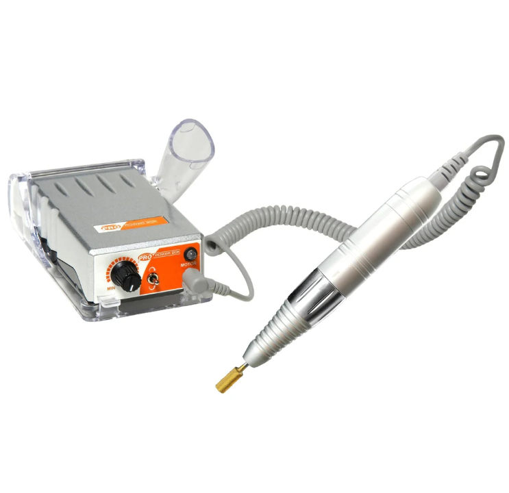 A silver electric dental drill kit with an orange control panel, clear protective housing, and a flexible gray cord connecting to a silver rotary handpiece with a gold-colored bit, shown on a plain white background.