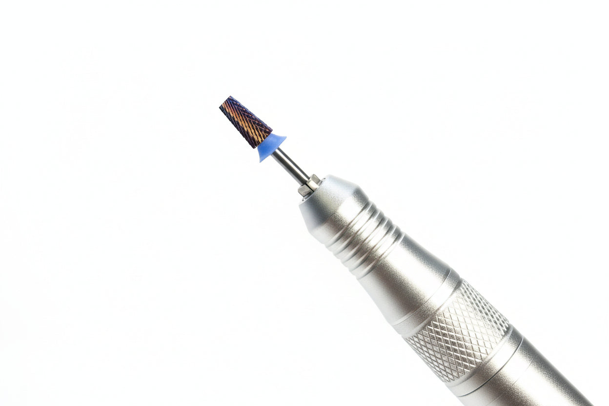 Metal tool with a small attached component on a plain background