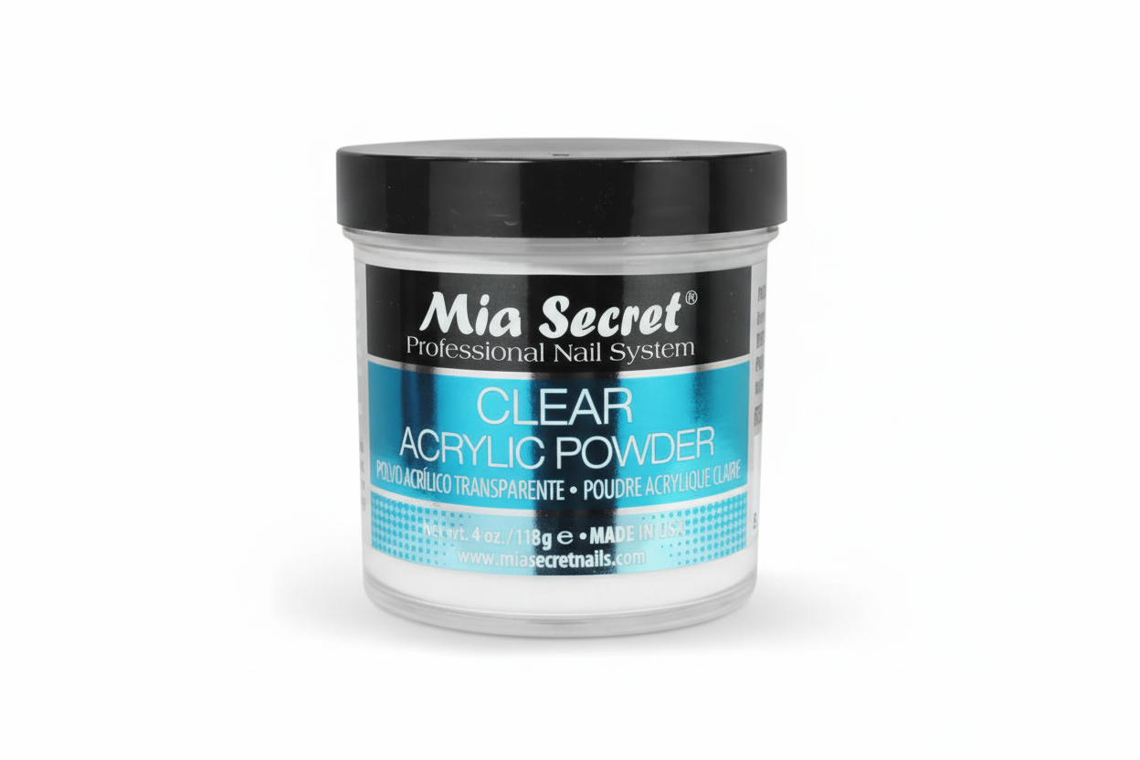 Jar of Mia Secret clear acrylic powder on a white background