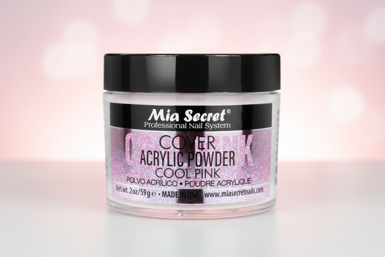 Jar of Mia Secret Cover Acrylic Powder in Cool Pink on a white background