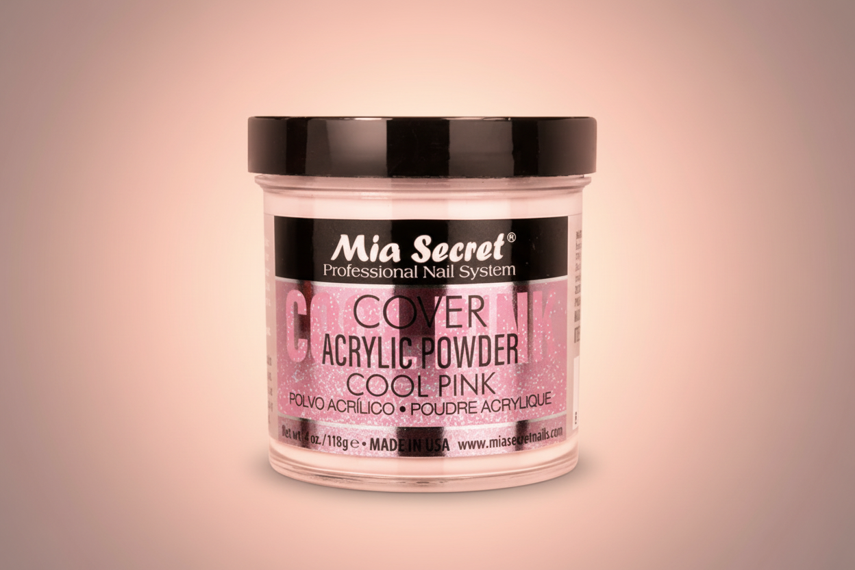 Jar of Mia Secret Cover Acrylic Powder in Cool Pink on a white background