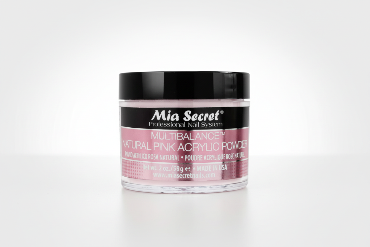 Jar of Mia Secret Natural Pink Acrylic Powder on a white background