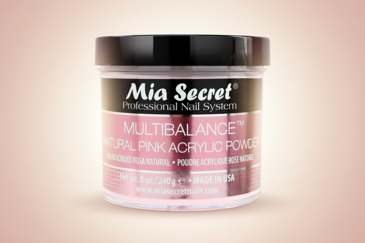 Jar of Mia Secret Multibalance Natural Pink Acrylic Powder on a white background