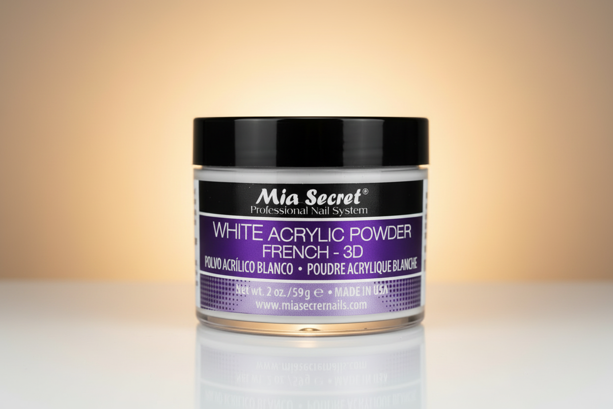 Jar of Mia Secret white acrylic powder on a white background