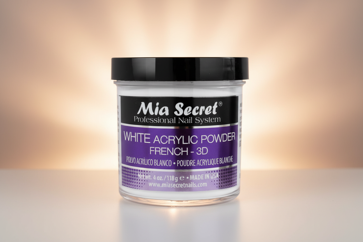 Jar of Mia Secret white acrylic powder on a white background
