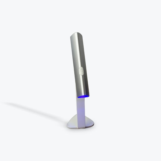 Silver and white electronic device on a white background