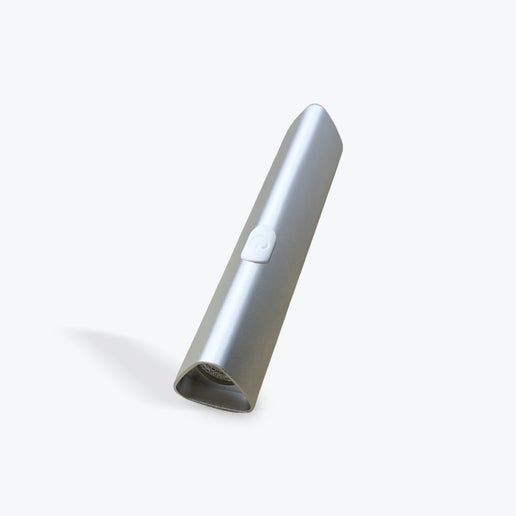 Silver cylindrical device with a power button on a white background