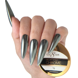 Hand with metallic chrome nail polish and a container of the product on a white background
