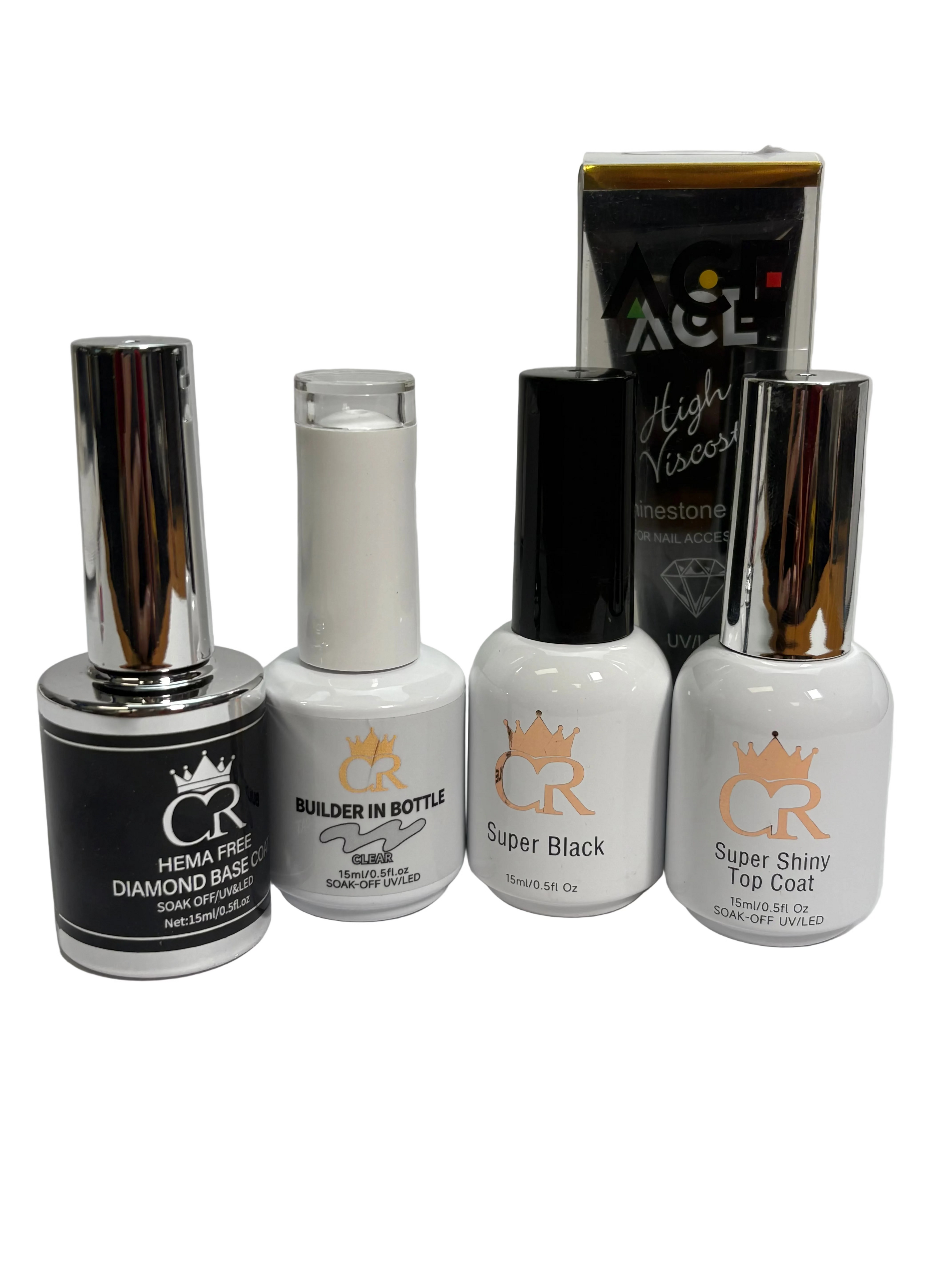 Set of nail polish bottles and a tube on a white background