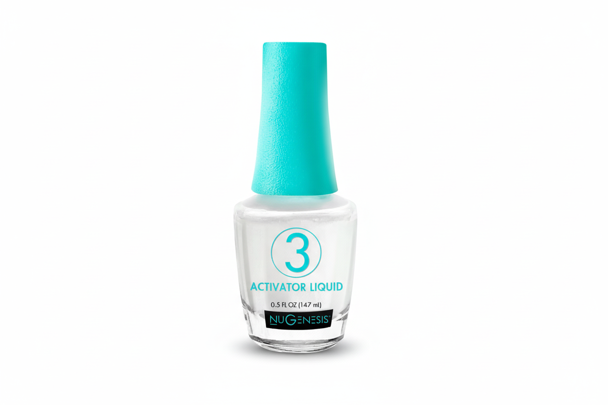 Nail activator liquid bottle with turquoise cap on a white background