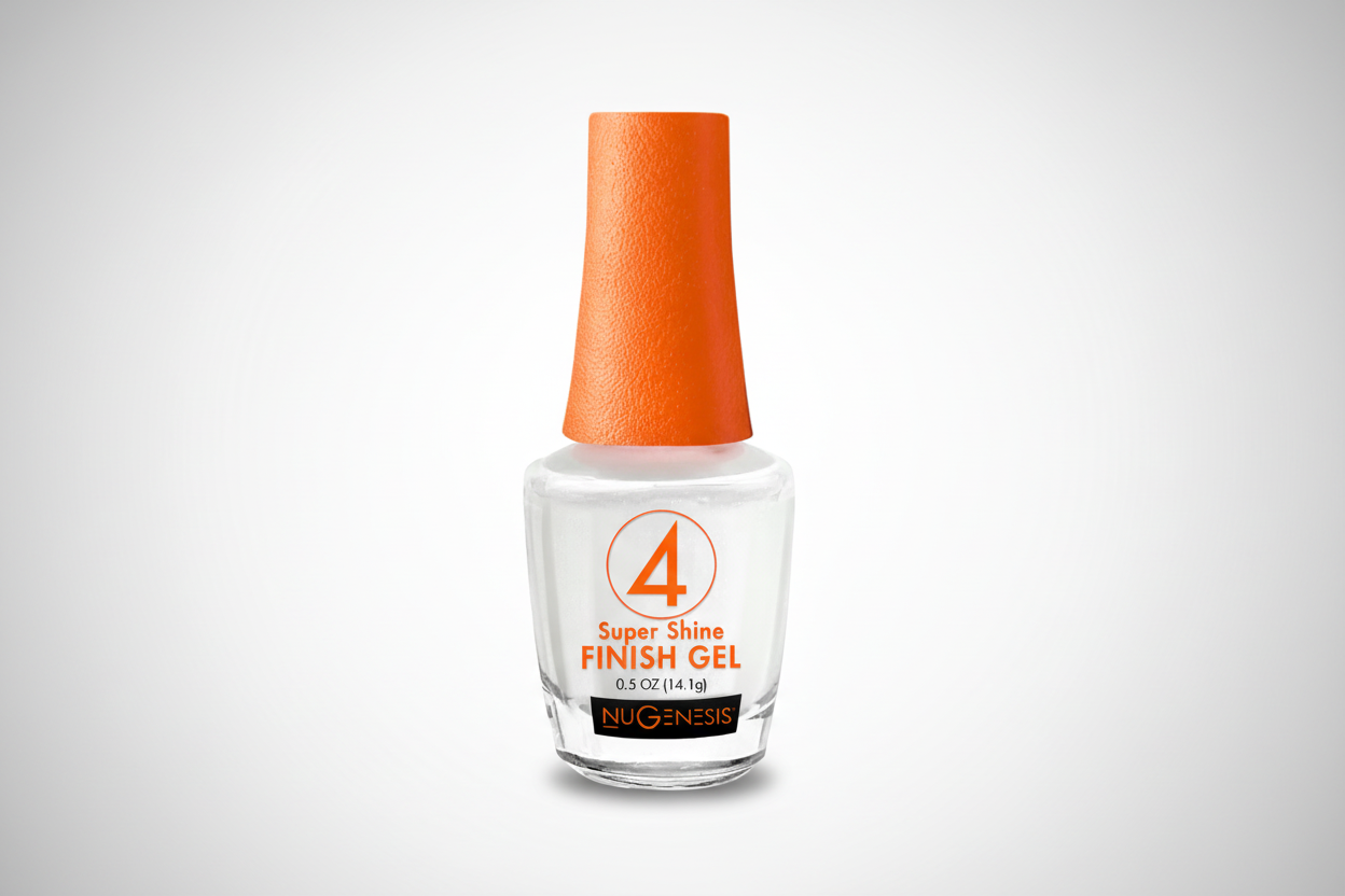 Nail polish bottle with orange cap and white label on a white background