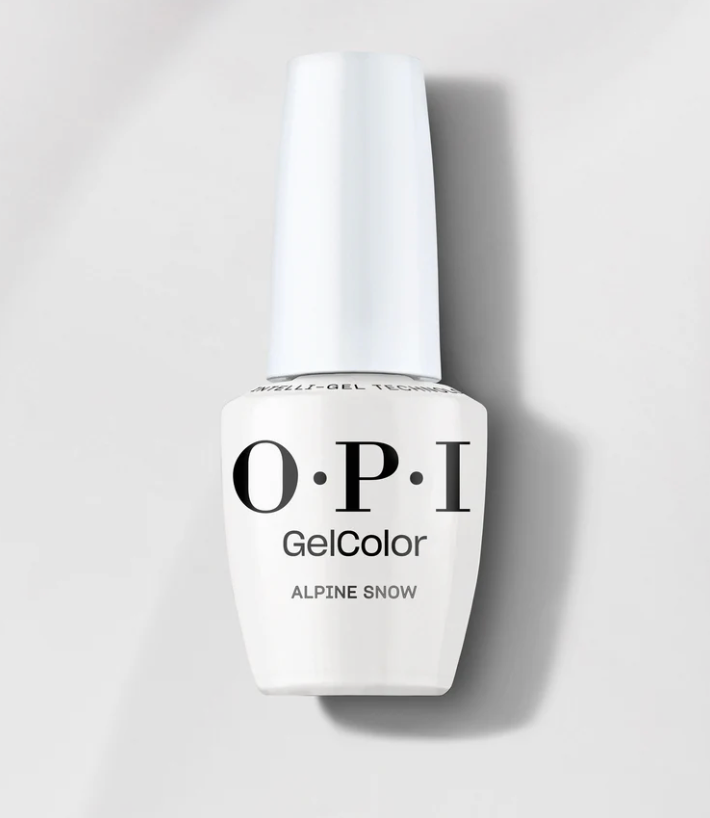 OPI GelColor nail polish bottle labeled 'Alpine Snow' on a light gray background