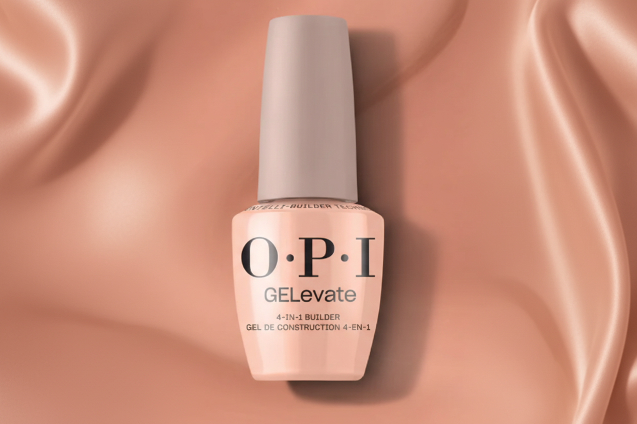 OPI GElevate nail gel polish bottle on a matching background