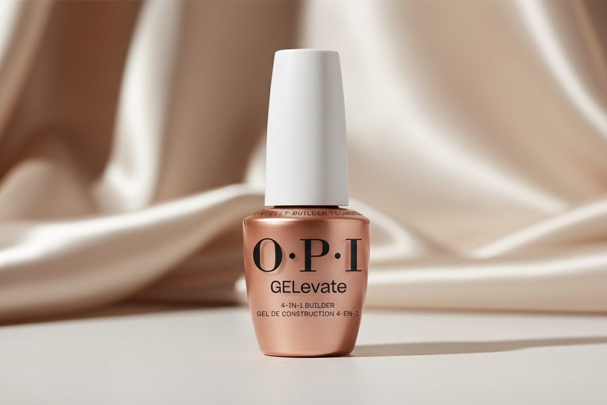 OPI GElevate nail polish bottle on a brown background