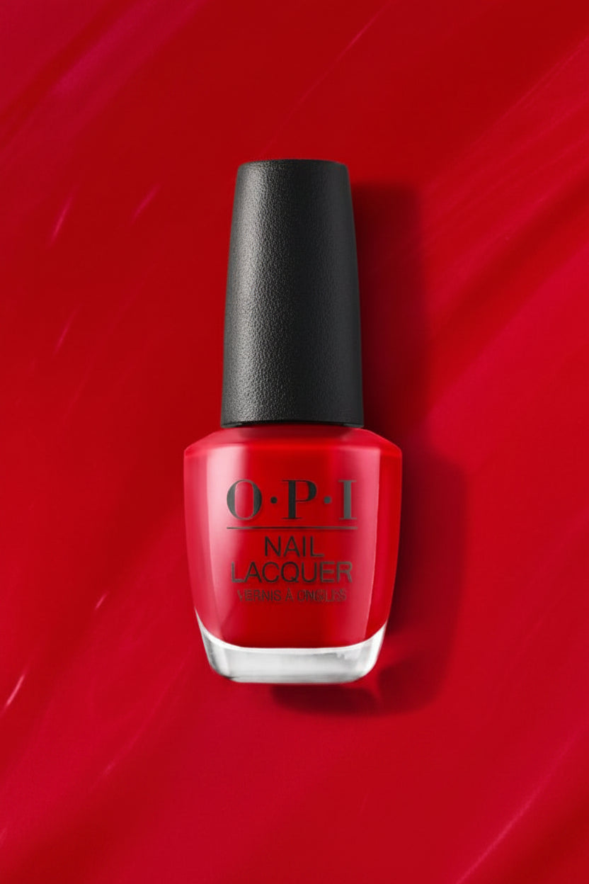 OPI nail polish bottle on a red background