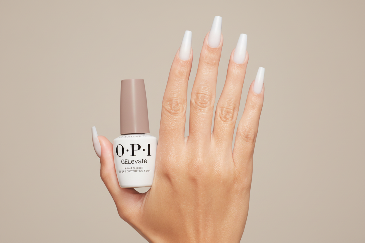 Hand with white nail polish holding an OPI nail polish bottle against a gray background
