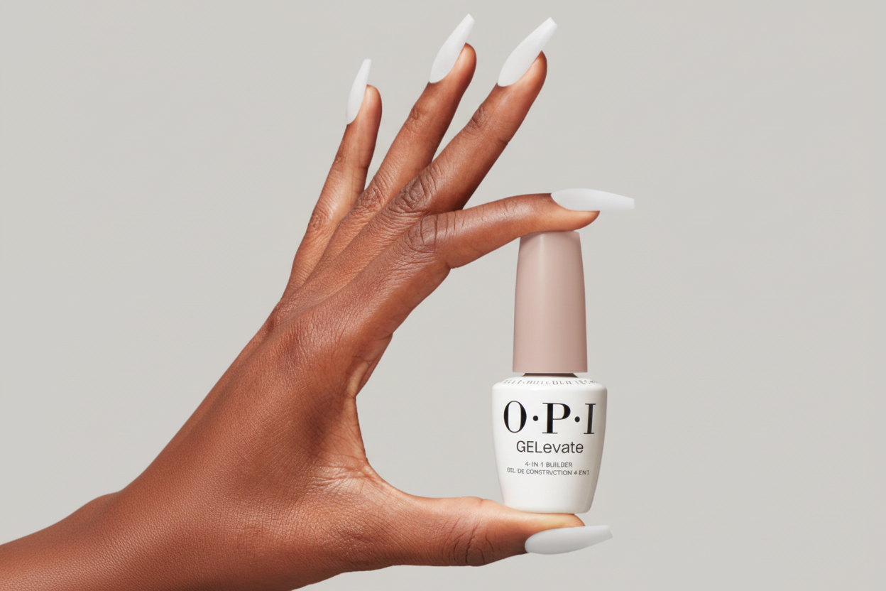 Hand holding a bottle of OPI nail polish with white nails
