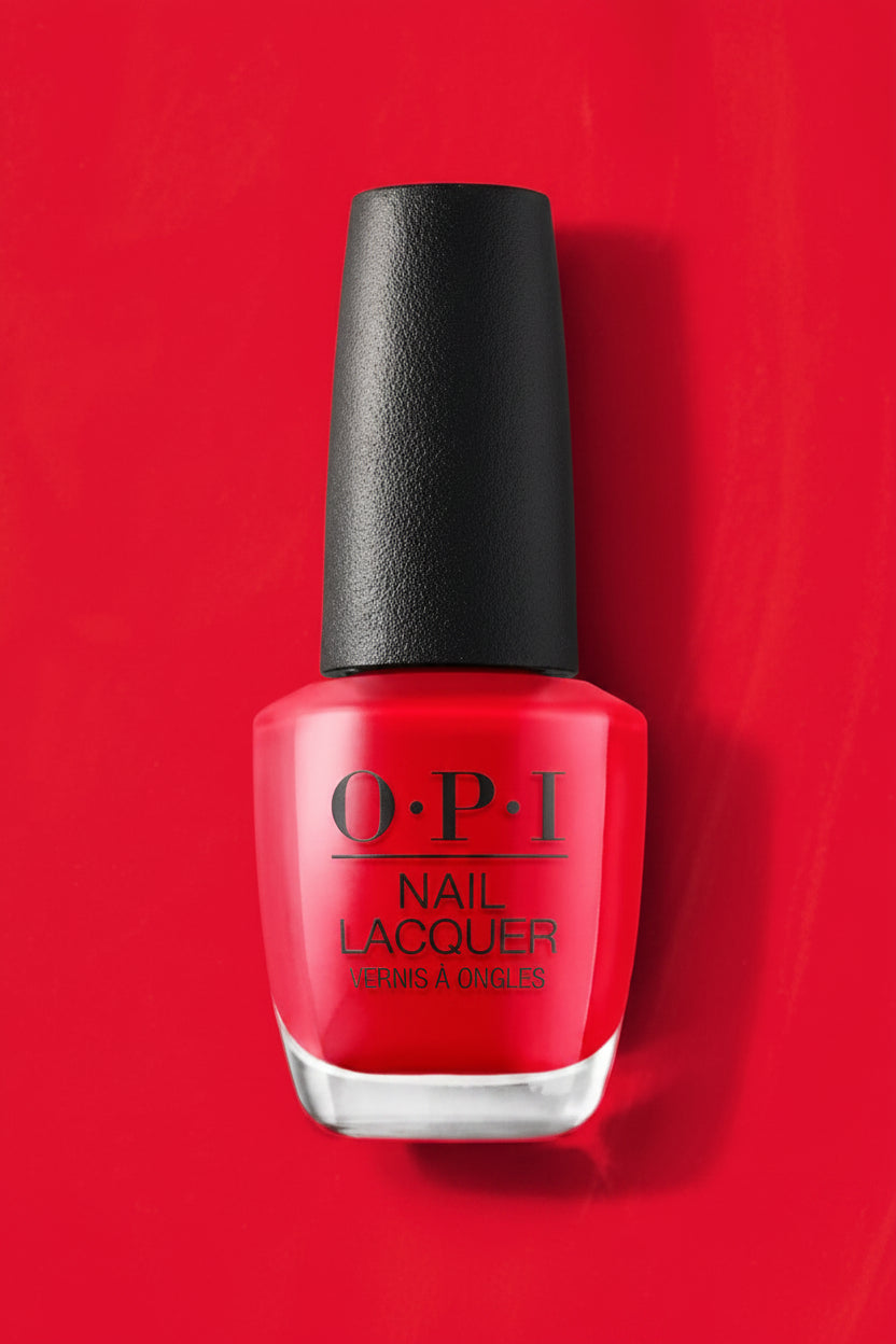 OPI nail lacquer bottle on a red background
