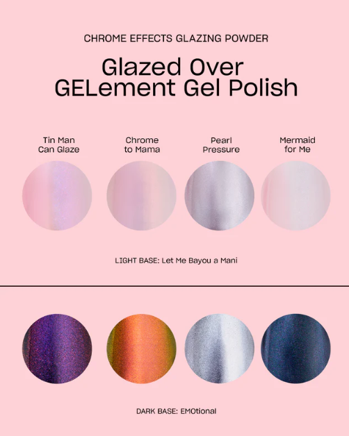 Promotional image of Glazed Over GElement Gel Polish with color swatches on a pink background.