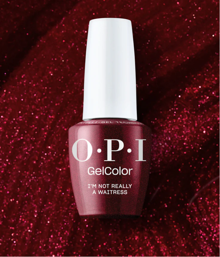 OPI GelColor nail polish bottle with a red glittery background