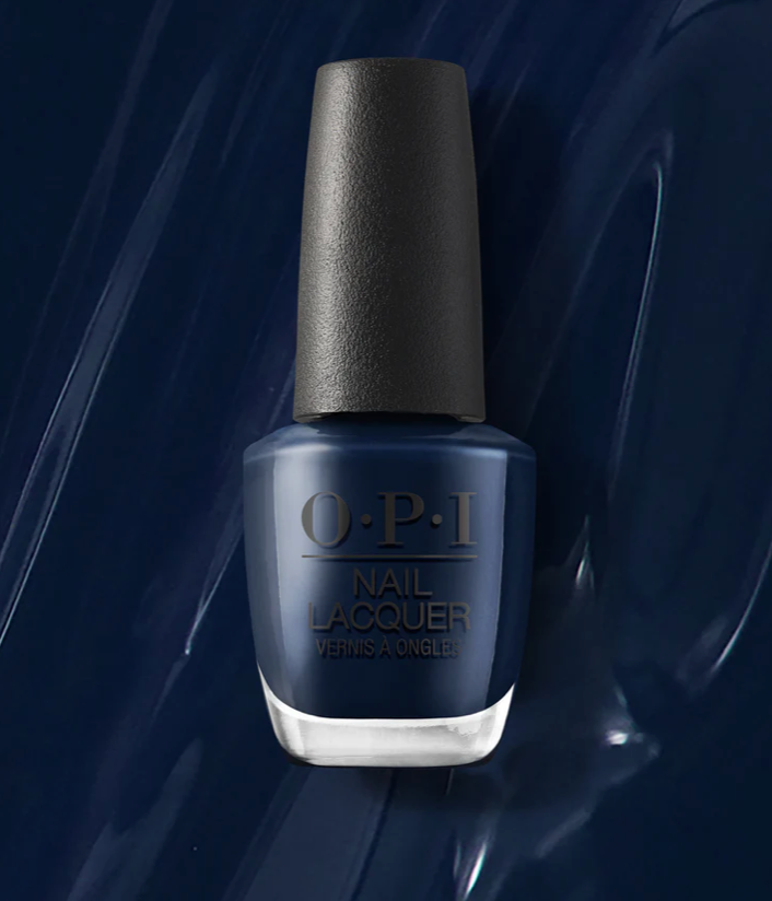 OPI nail polish bottle with dark blue color on a dark blue background