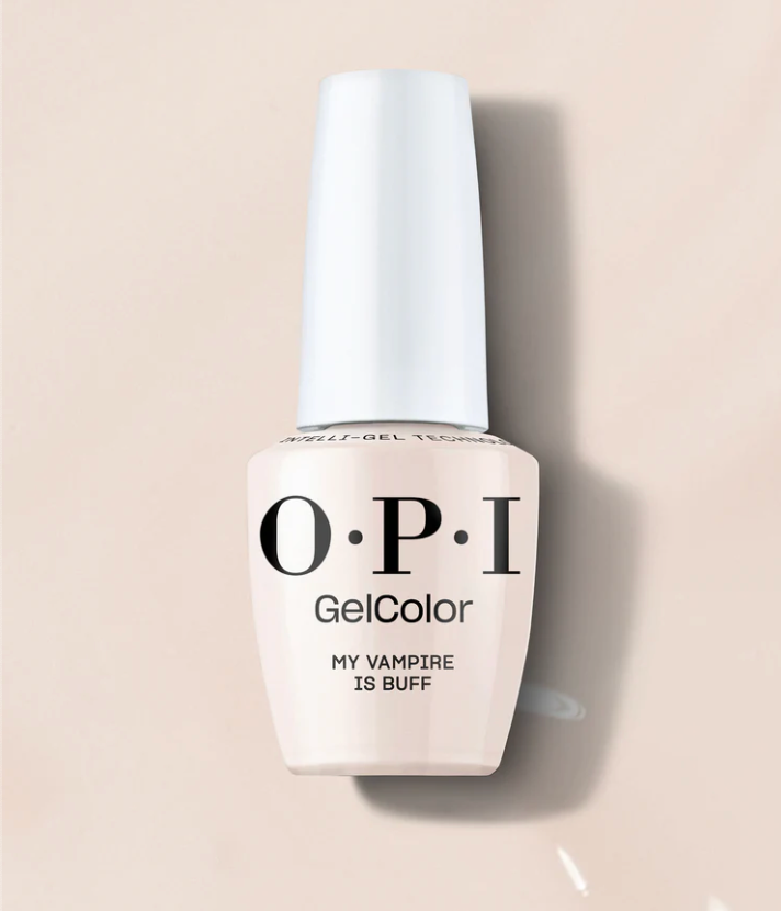 OPI GelColor nail polish bottle with 'My Vampire is Buff' text on a beige background