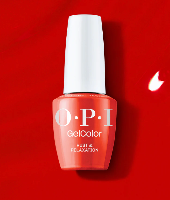 OPI GelColor nail polish bottle on a red background