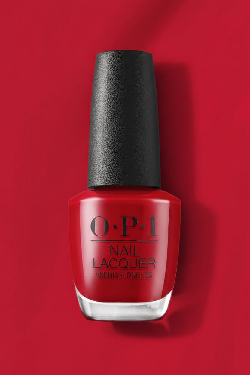 OPI nail polish bottle on a red background