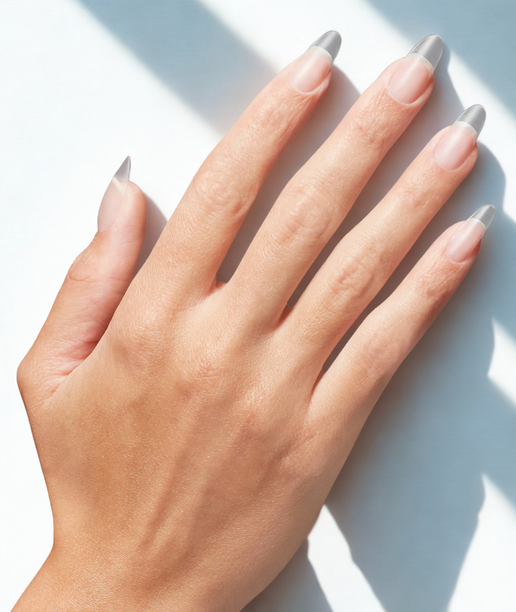Hand with gray nail polish on a light background