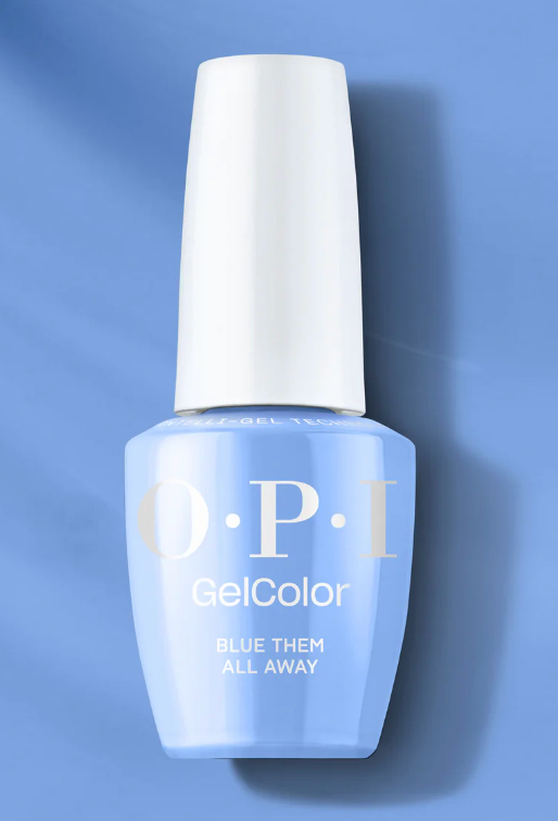 OPI GelColor nail polish bottle with blue color on a blue background