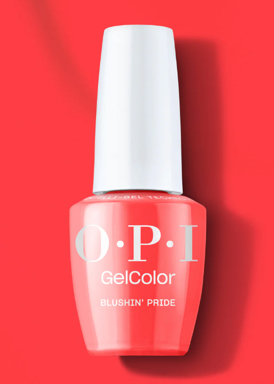 OPI GelColor nail polish bottle with a white cap on a red background