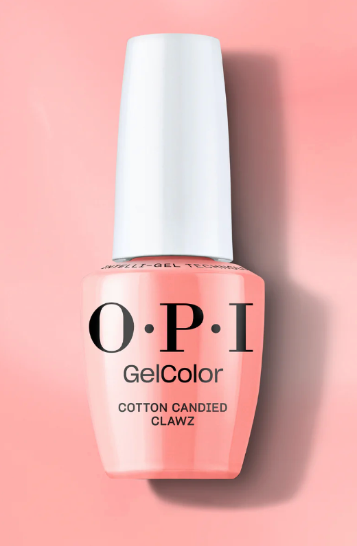 OPI GelColor nail polish bottle on a pink background