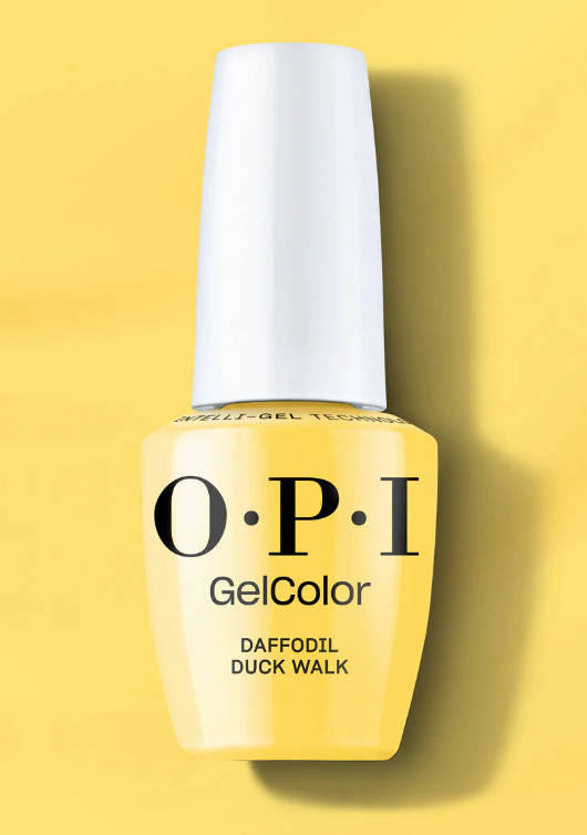 OPI GelColor nail polish bottle on a yellow background