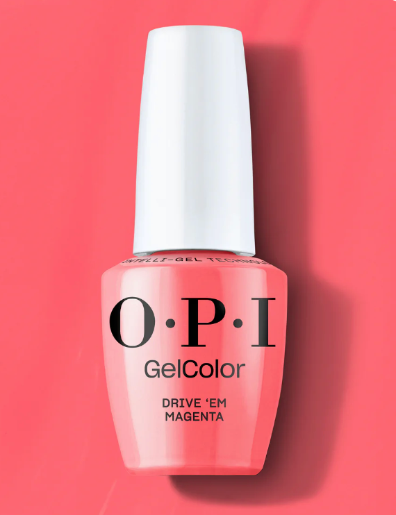 OPI GelColor nail polish bottle on a coral background