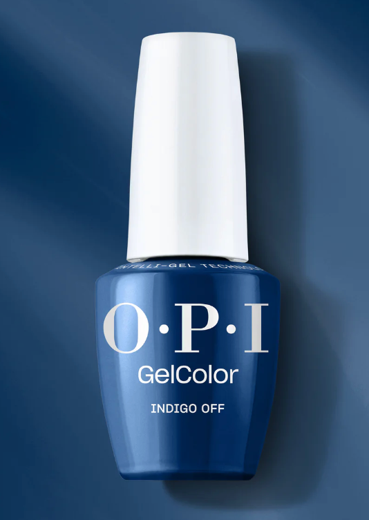 OPI GelColor nail polish bottle with a blue base and white cap on a dark blue background