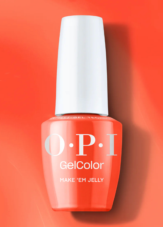OPI GelColor nail polish bottle on a red background