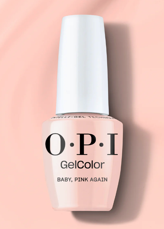 OPI GelColor nail polish bottle with a light pink color on a matching background
