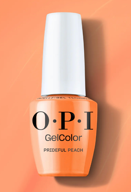 OPI GelColor nail polish bottle in Prideful Peach on a peach background