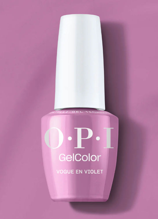 OPI GelColor nail polish bottle in Vogue En Violet on a matching purple background