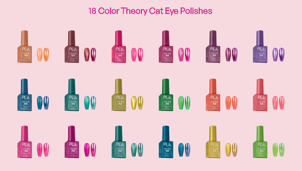 A pink promotional graphic showing 18 different nail polish colors arranged in a grid, each with a bottle and two nail swatches. The text at the top reads '18 Color Theory Cat Eye Polishes.