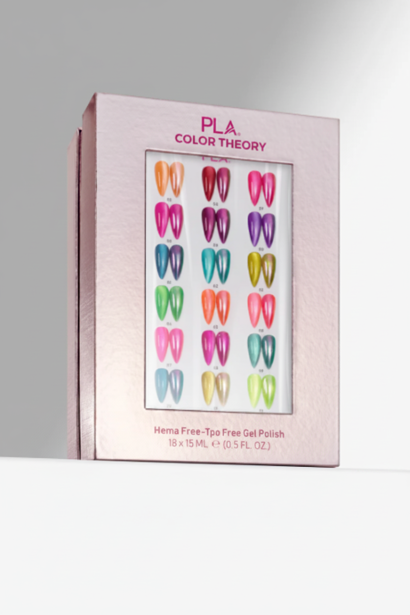 PLA Color Theory Hema Free-Tpo Free Gel Polish set in a light pink box with a clear window displaying 18 nail polish colors.