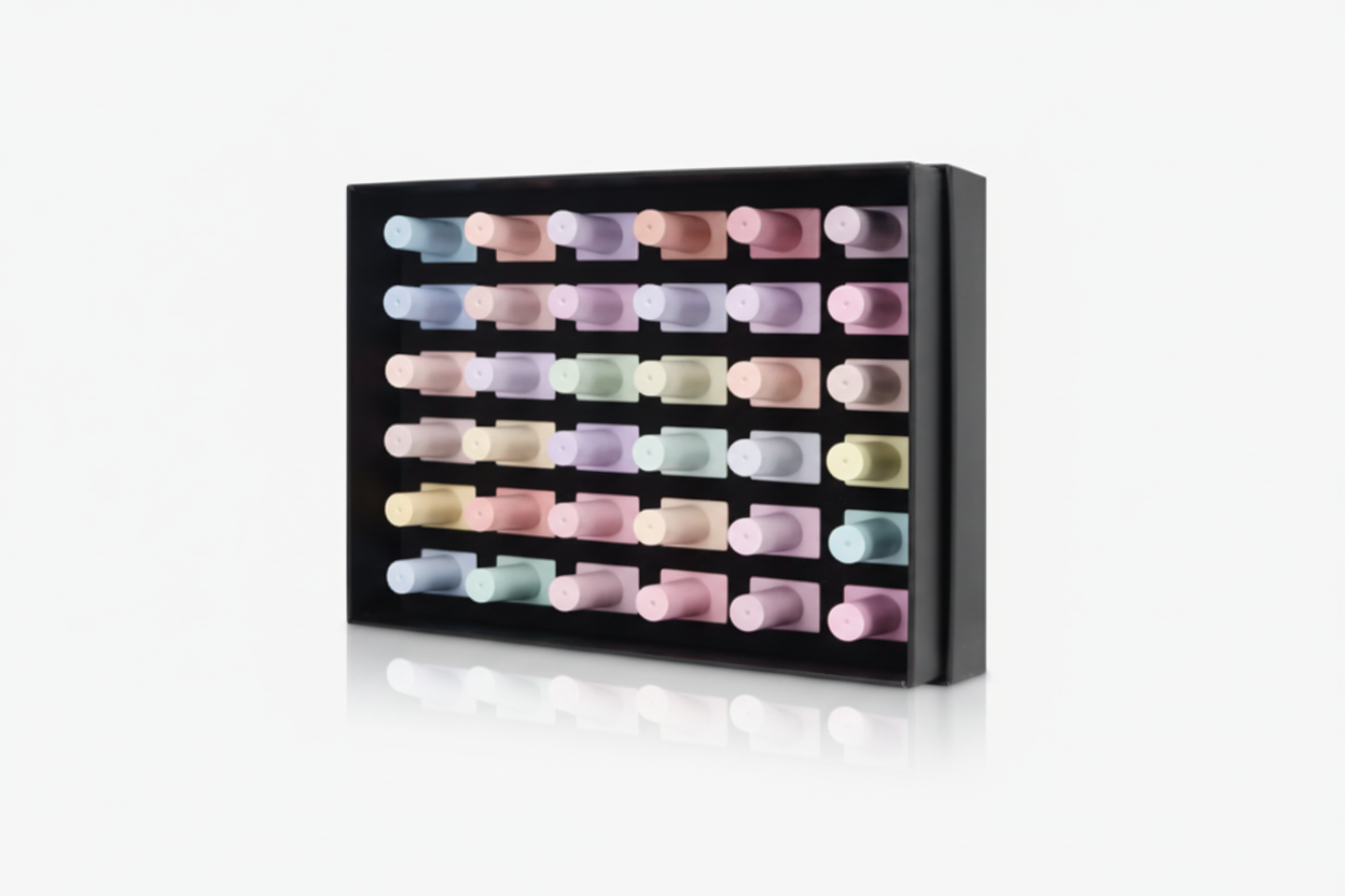 Set of pastel-colored nail polish bottles in a black display case on a white background