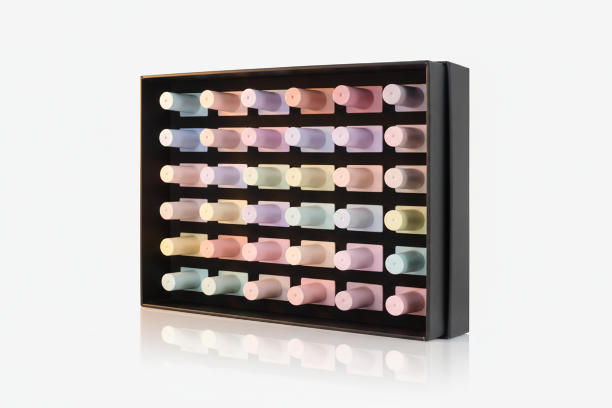 Set of pastel-colored nail polish bottles in a black display case on a white background