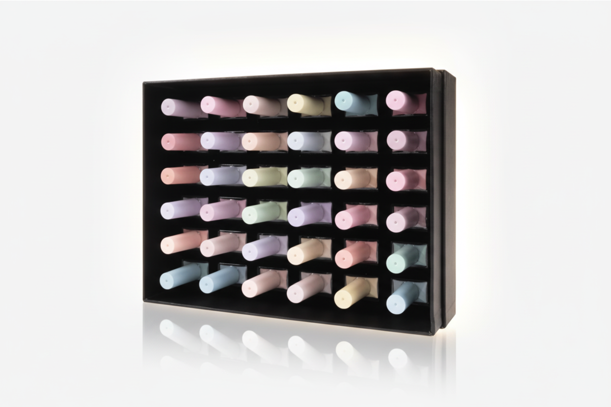 Set of pastel-colored nail polish bottles in a black display case on a white background