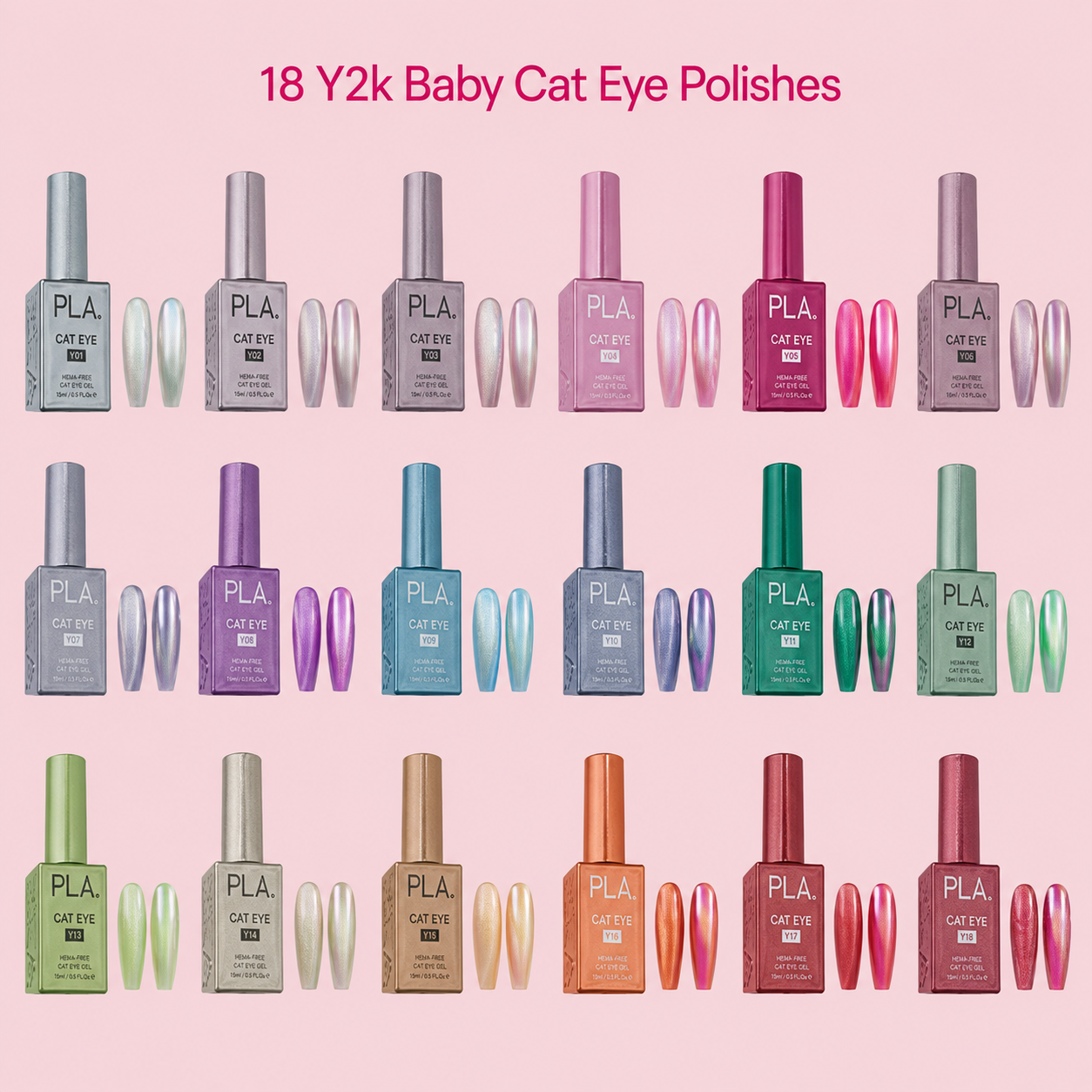 PLA Y2K Cat Eye Gel Polish Collection – 18 Colors Vibrant Pink Metallic Blue Purple
