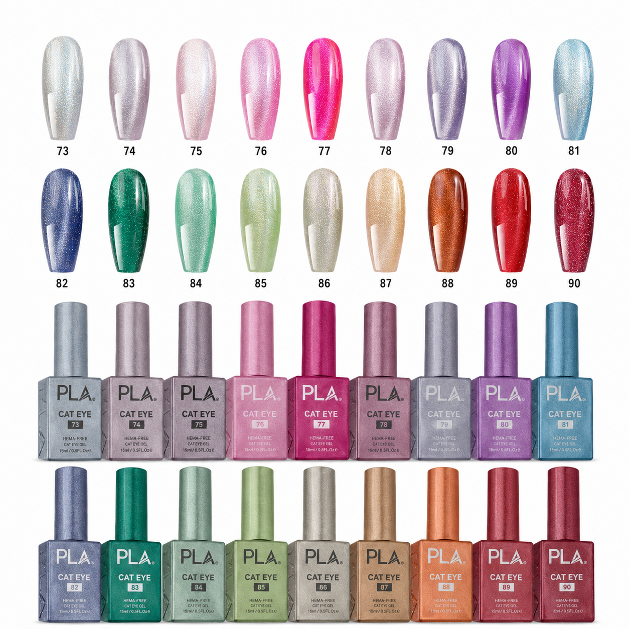 A 30-color nail polish shade chart from PLA Cat Eye, showing numbered nail swatches from silver to metallic pink, purple, blue, green, gold, bronze, red, and copper, with matching bottles below each shade on a white background.