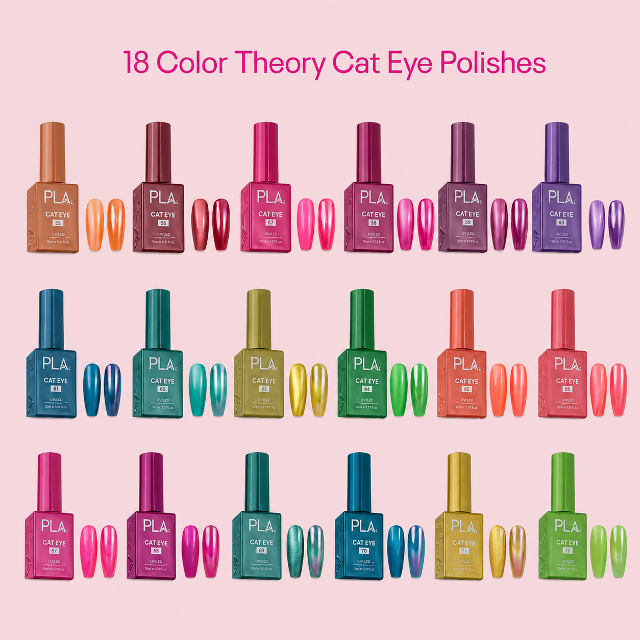 A 3x6 grid of 18 color theory cat eye gel nail polishes by PLA, each shown with its corresponding color nail swatches on a light pink background with the text '18 Color Theory Cat Eye Polishes' at the top.