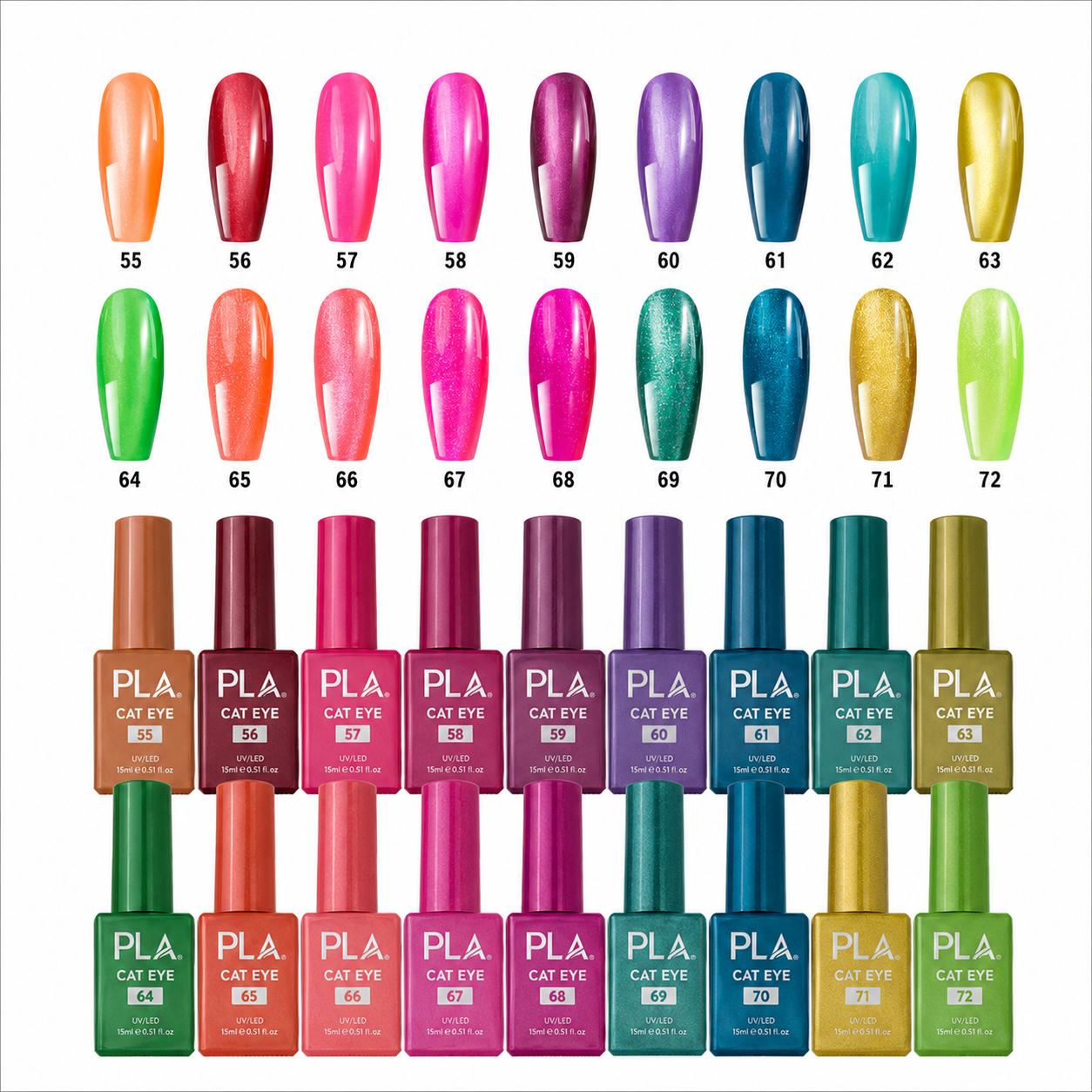 A color chart for PLA Cat Eye gel nail polish showing 36 different shades numbered 55 to 72. The top row displays the colored nail tips, and the bottom row shows the corresponding bottles of gel polish in vibrant metallic colors against a white background.