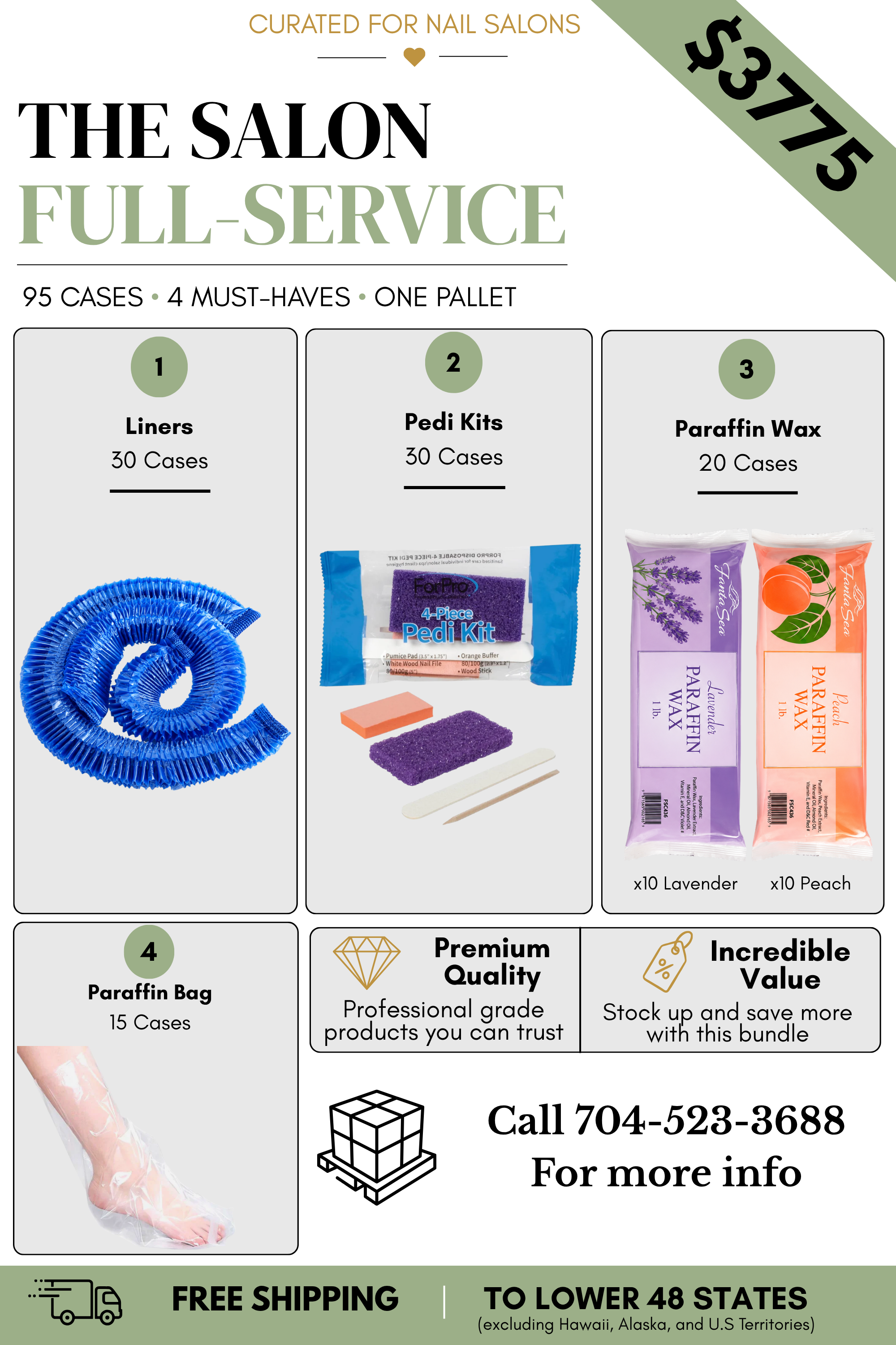 A promotional bundle flyer for 'The Salon Full-Service' nail kit, showing six items in a numbered list: 1. Liners (50 cases), 2.